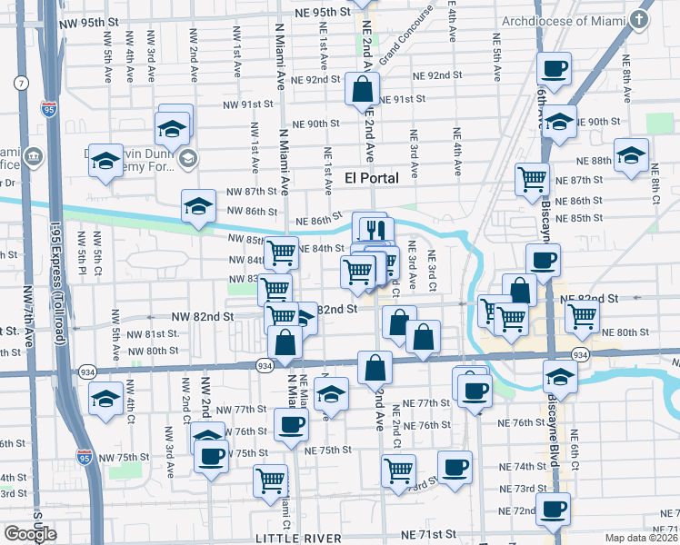 map of restaurants, bars, coffee shops, grocery stores, and more near 136 Northeast 83rd Street in Miami