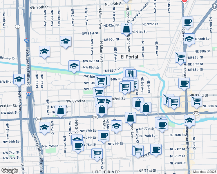 map of restaurants, bars, coffee shops, grocery stores, and more near 51 Northeast 82nd Terrace in Miami