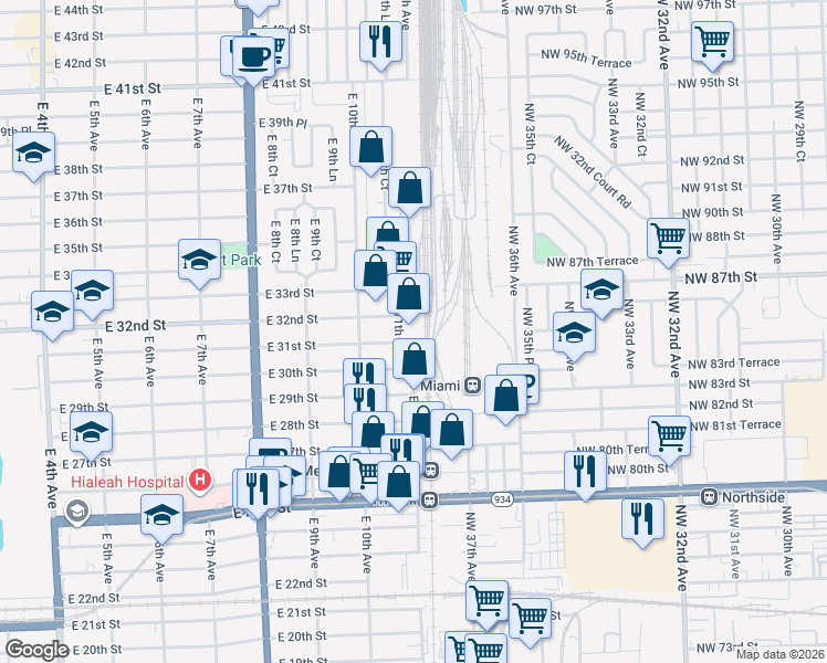 map of restaurants, bars, coffee shops, grocery stores, and more near 3095 East 11th Avenue in Hialeah