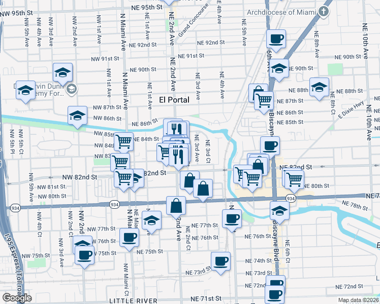 map of restaurants, bars, coffee shops, grocery stores, and more near 8260 Northeast 3rd Avenue in Miami