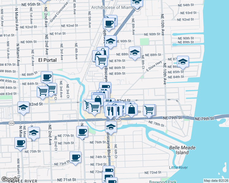 map of restaurants, bars, coffee shops, grocery stores, and more near in Miami