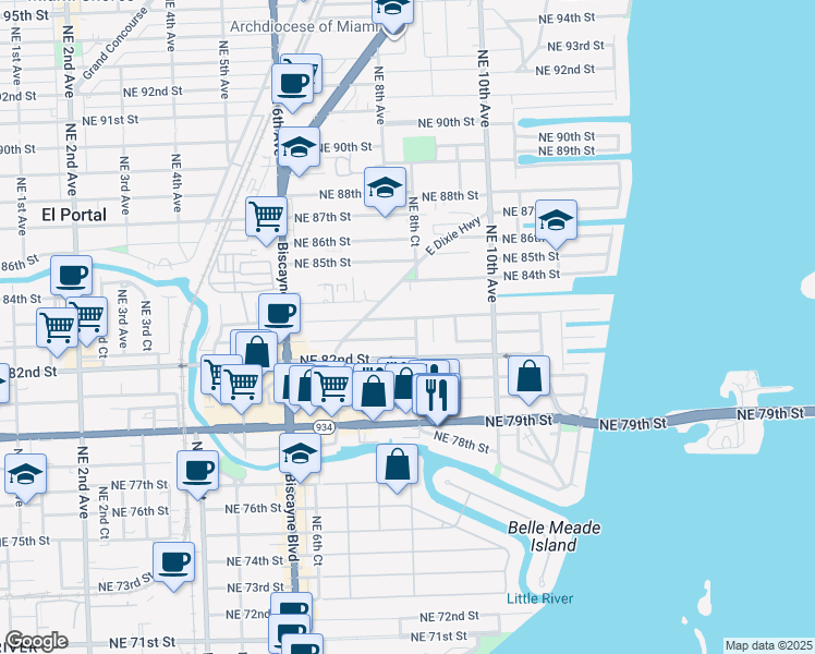 map of restaurants, bars, coffee shops, grocery stores, and more near 8255 Northeast 8th Court in Miami