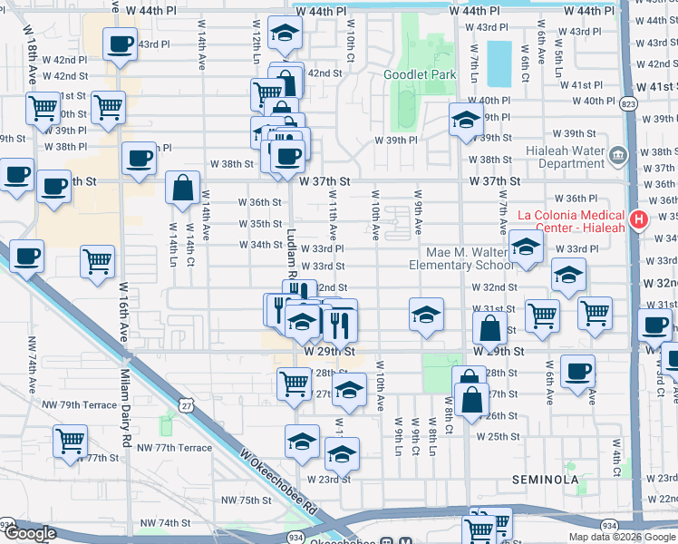 map of restaurants, bars, coffee shops, grocery stores, and more near 1085 West 32nd Street in Hialeah