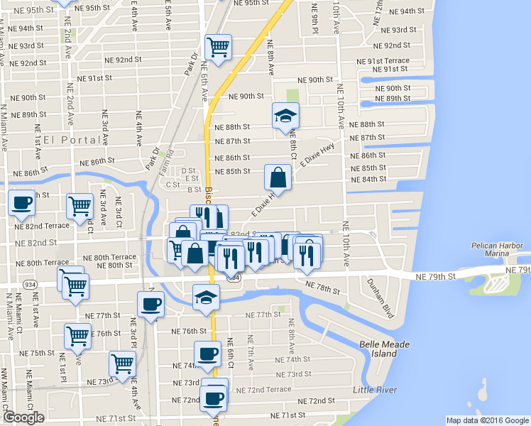 map of restaurants, bars, coffee shops, grocery stores, and more near 761 Northeast 82nd Terrace in Miami