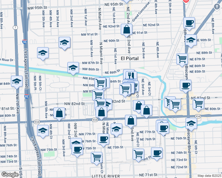 map of restaurants, bars, coffee shops, grocery stores, and more near 51 Northeast 82nd Terrace in Miami