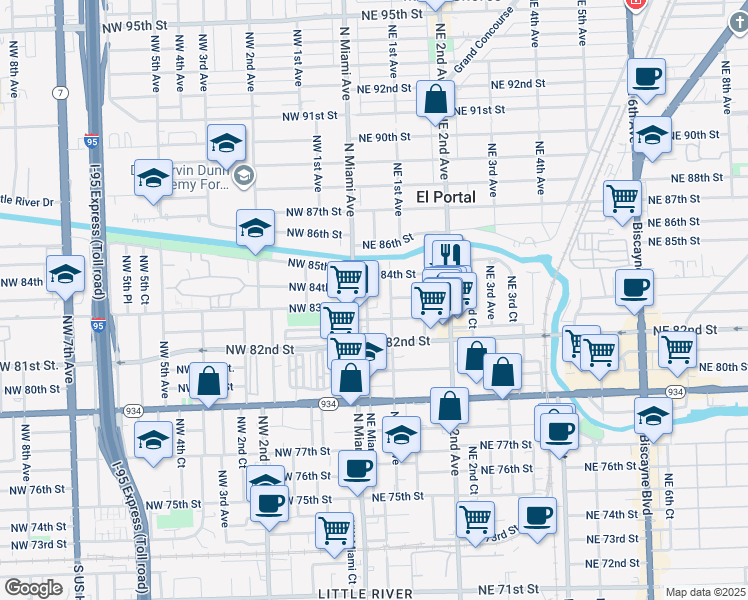 map of restaurants, bars, coffee shops, grocery stores, and more near 51 Northeast 82nd Terrace in Miami