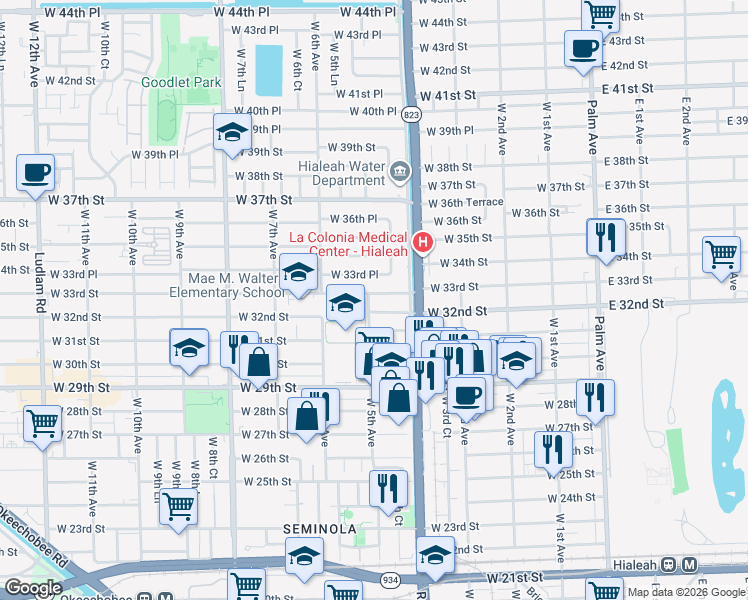 map of restaurants, bars, coffee shops, grocery stores, and more near 481 West 32nd Place in Hialeah