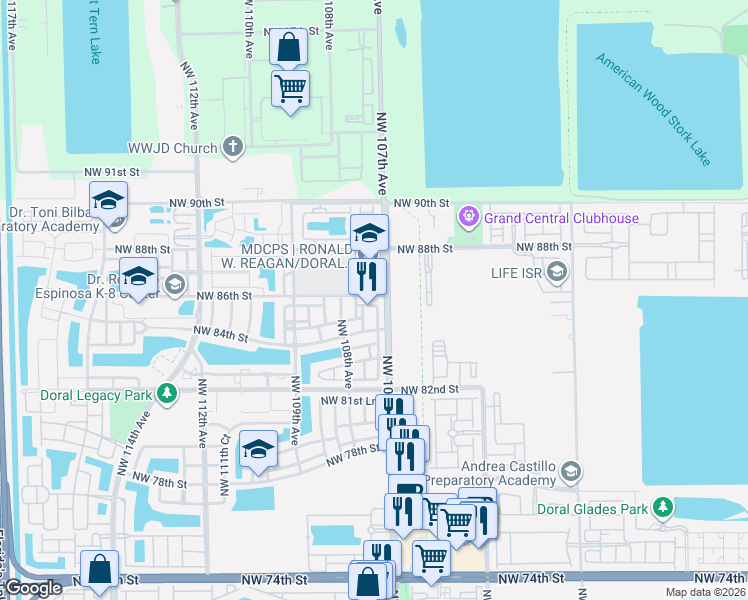 map of restaurants, bars, coffee shops, grocery stores, and more near 10754 Northwest 85th Terrace in Doral