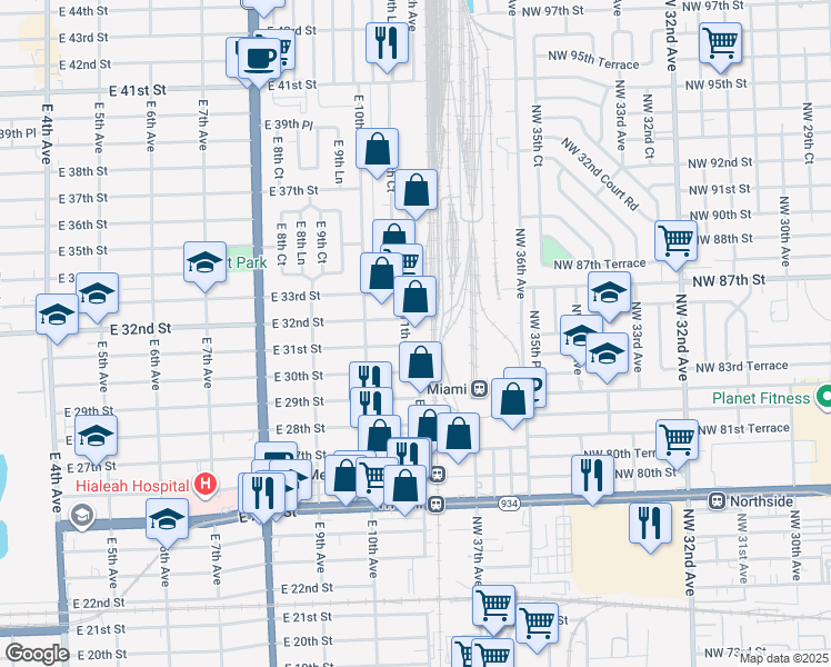 map of restaurants, bars, coffee shops, grocery stores, and more near 3095 East 11th Avenue in Hialeah