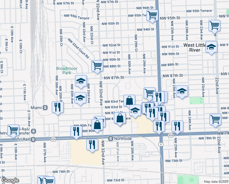map of restaurants, bars, coffee shops, grocery stores, and more near 8420 Northwest 31st Avenue in Miami
