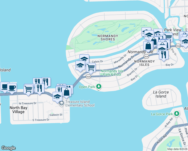 map of restaurants, bars, coffee shops, grocery stores, and more near 1930 71st Street in Miami Beach