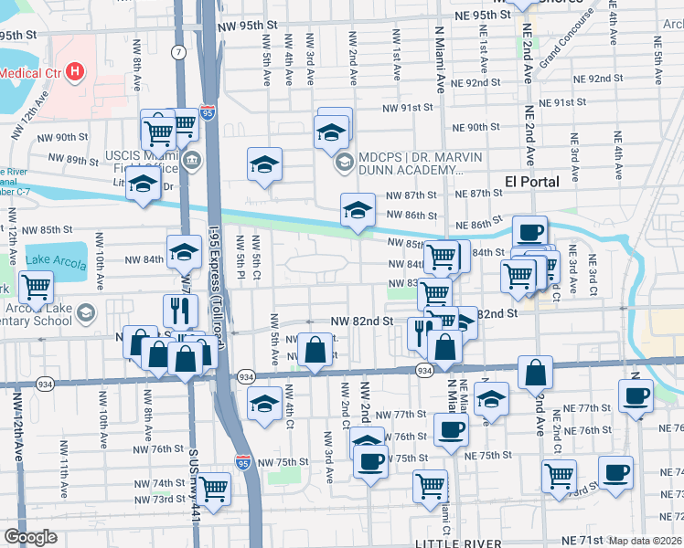 map of restaurants, bars, coffee shops, grocery stores, and more near 241 Northwest 83rd Street in Miami