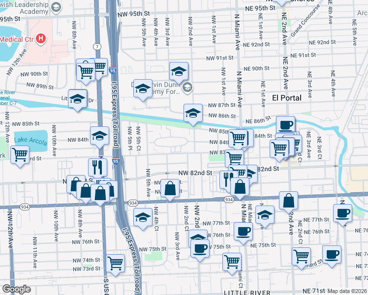 map of restaurants, bars, coffee shops, grocery stores, and more near 234 Northwest 84th Street in Miami