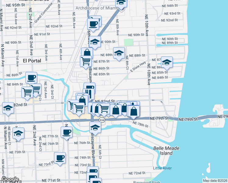map of restaurants, bars, coffee shops, grocery stores, and more near 761 Northeast 82nd Terrace in Miami