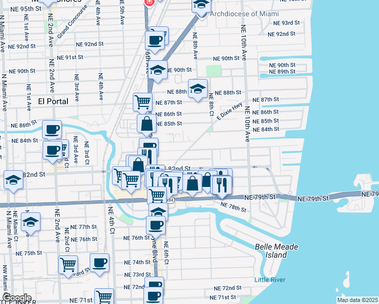 map of restaurants, bars, coffee shops, grocery stores, and more near 740 Northeast 83rd Street in Miami