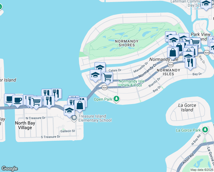 map of restaurants, bars, coffee shops, grocery stores, and more near 2000 Biarritz Drive in Miami