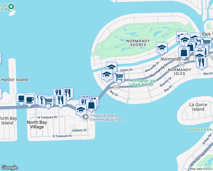 map of restaurants, bars, coffee shops, grocery stores, and more near 403 John F Kennedy Causeway in Miami Beach