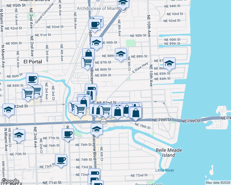 map of restaurants, bars, coffee shops, grocery stores, and more near 761 Northeast 82nd Terrace in Miami