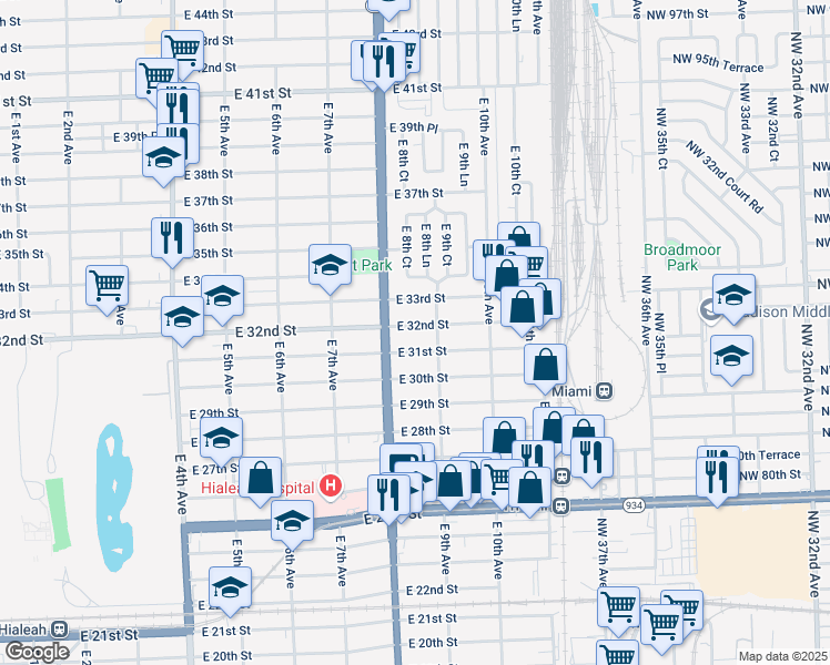 map of restaurants, bars, coffee shops, grocery stores, and more near in Hialeah