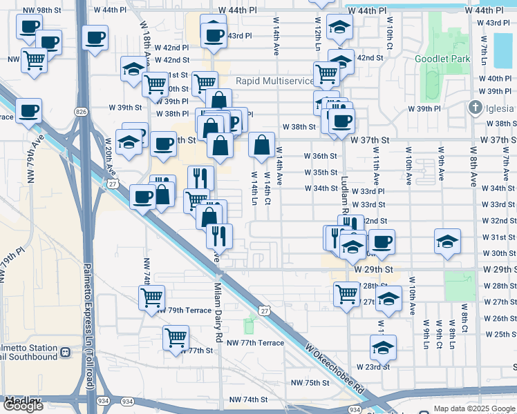 map of restaurants, bars, coffee shops, grocery stores, and more near 3224 West 14th Court in Hialeah