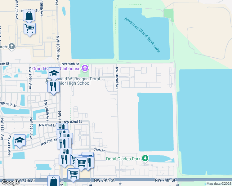 map of restaurants, bars, coffee shops, grocery stores, and more near 8450 Northwest 102nd Avenue in Doral