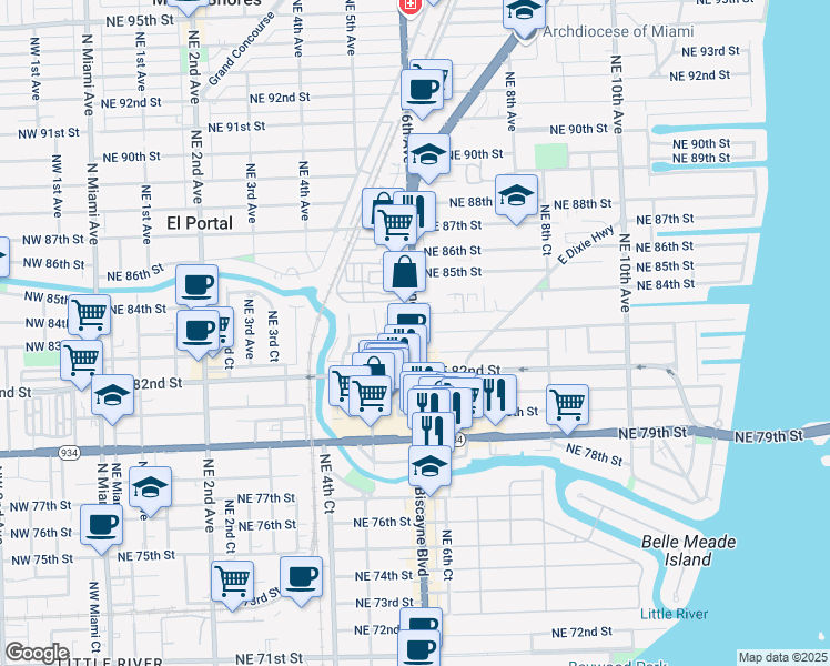 map of restaurants, bars, coffee shops, grocery stores, and more near Biscayne Blvd & NE 83rd St in Miami