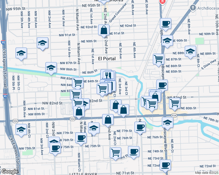 map of restaurants, bars, coffee shops, grocery stores, and more near 8260 Northeast 2nd Avenue in Miami