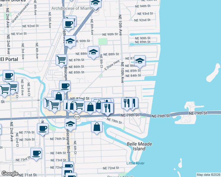 map of restaurants, bars, coffee shops, grocery stores, and more near 901 Northeast 82nd Terrace in Miami