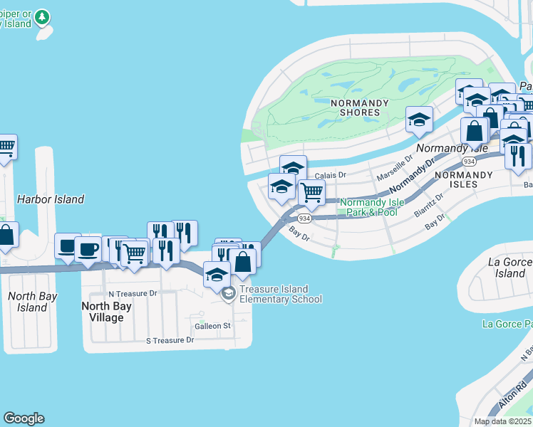map of restaurants, bars, coffee shops, grocery stores, and more near 2130 Bay Drive in Miami Beach