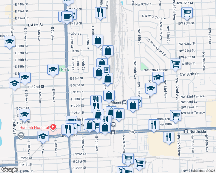 map of restaurants, bars, coffee shops, grocery stores, and more near 3095 East 11th Avenue in Hialeah