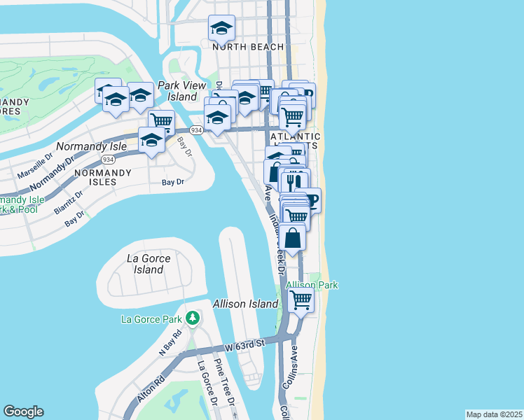 map of restaurants, bars, coffee shops, grocery stores, and more near 6700 Indian Creek Drive in Miami Beach