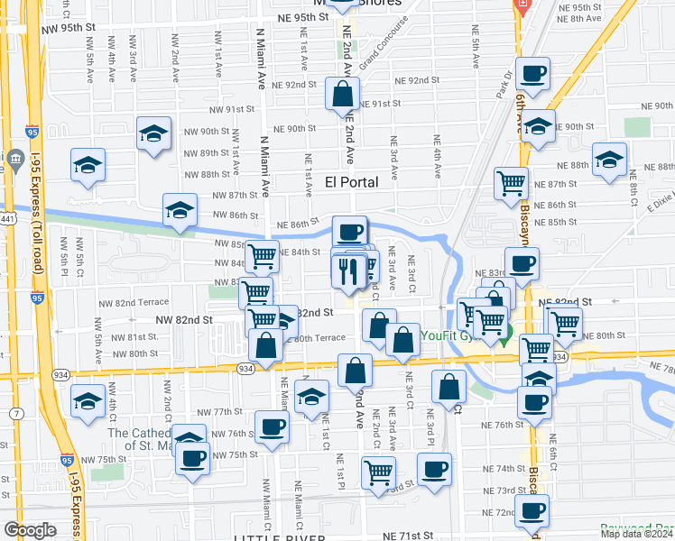 map of restaurants, bars, coffee shops, grocery stores, and more near 145 Northeast 82nd Terrace in Miami