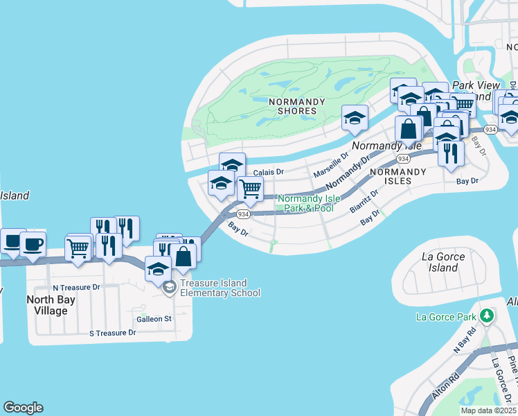 map of restaurants, bars, coffee shops, grocery stores, and more near 1930 71st Street in Miami Beach