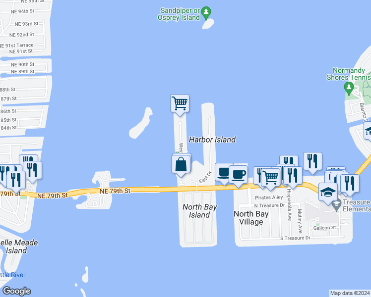 map of restaurants, bars, coffee shops, grocery stores, and more near 7918 West Drive in North Bay Village
