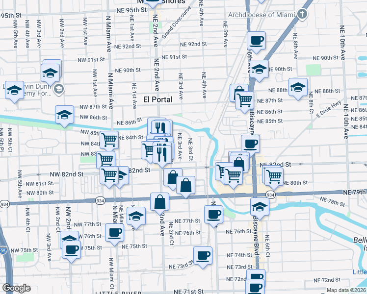 map of restaurants, bars, coffee shops, grocery stores, and more near 8260 Northeast 3rd Avenue in Miami