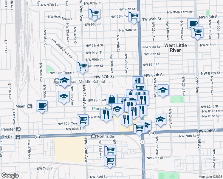 map of restaurants, bars, coffee shops, grocery stores, and more near 2975 Northwest 84th Terrace in Miami