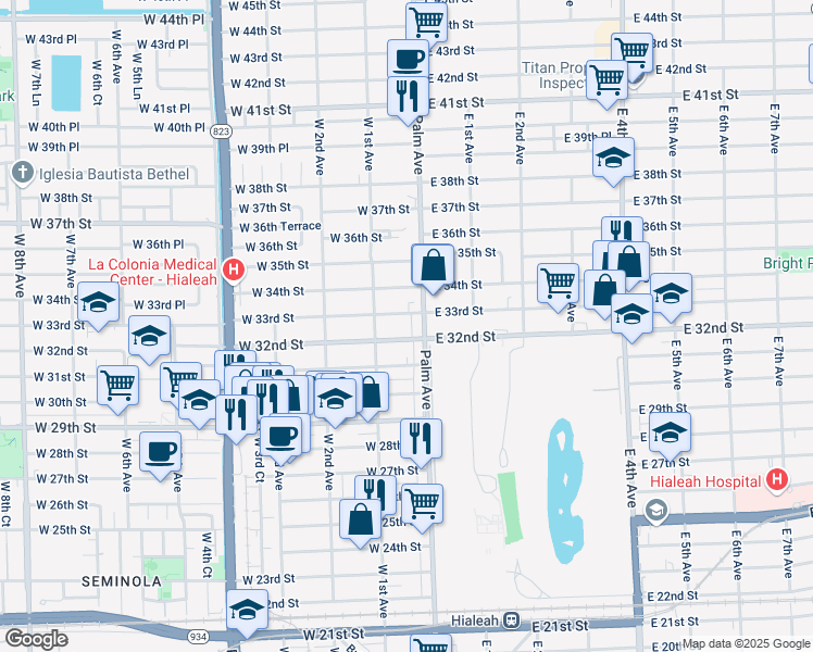 map of restaurants, bars, coffee shops, grocery stores, and more near 22 West 32nd Street in Hialeah