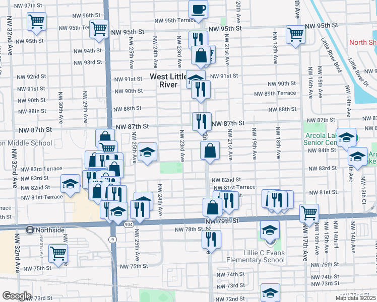map of restaurants, bars, coffee shops, grocery stores, and more near 8440 Northwest 22nd Place in Miami