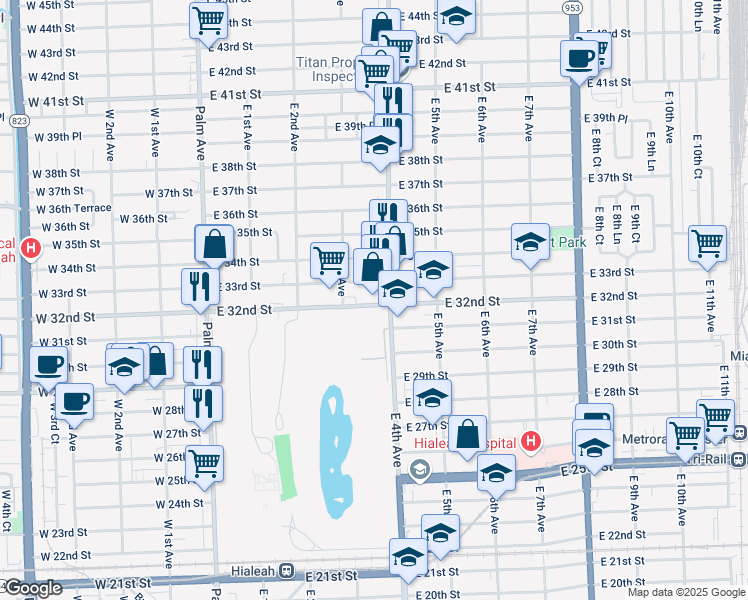 map of restaurants, bars, coffee shops, grocery stores, and more near 375 East 32nd Street in Hialeah
