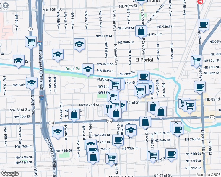 map of restaurants, bars, coffee shops, grocery stores, and more near in Miami