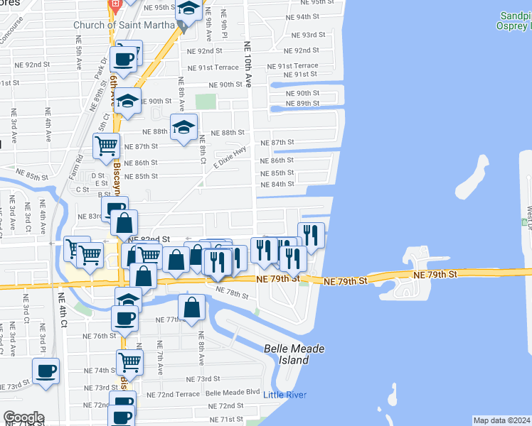 map of restaurants, bars, coffee shops, grocery stores, and more near 1030 Northeast 83rd Street in Miami