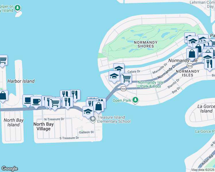 map of restaurants, bars, coffee shops, grocery stores, and more near 2140 Bay Drive in Miami Beach
