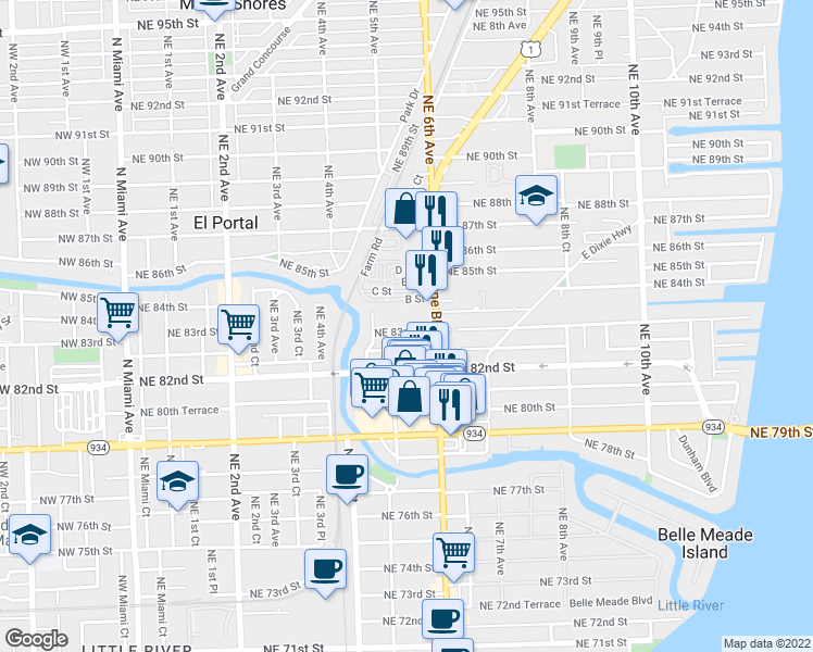 map of restaurants, bars, coffee shops, grocery stores, and more near 515 Northeast 83rd Street in Miami