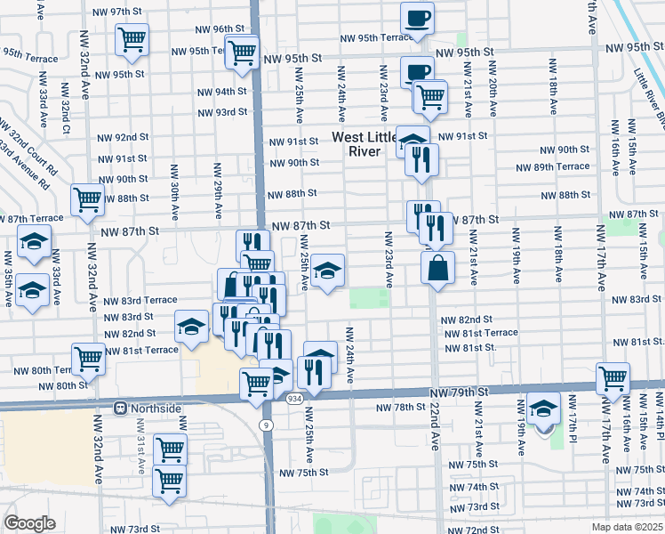 map of restaurants, bars, coffee shops, grocery stores, and more near 8400 Northwest 24th Avenue in Miami