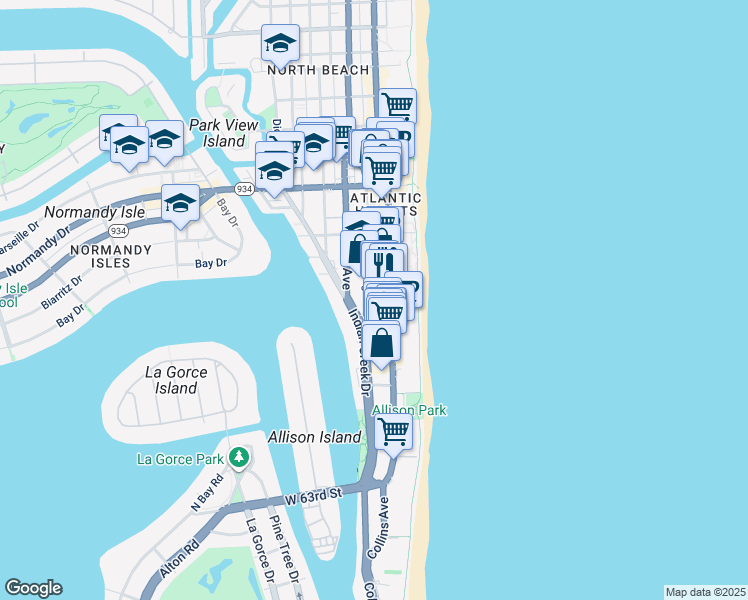 map of restaurants, bars, coffee shops, grocery stores, and more near in Miami Beach