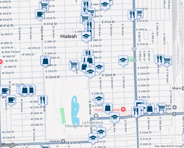 map of restaurants, bars, coffee shops, grocery stores, and more near 416 East 32nd Street in Hialeah