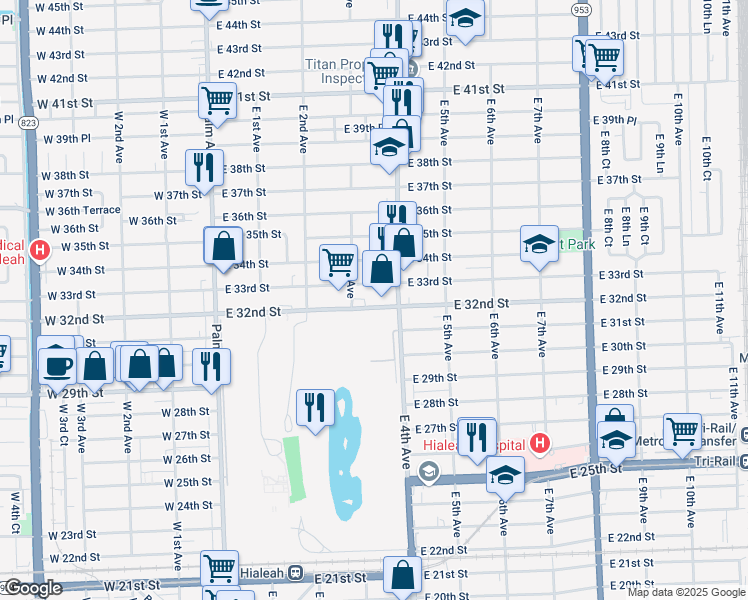 map of restaurants, bars, coffee shops, grocery stores, and more near 375 East 32nd Street in Hialeah