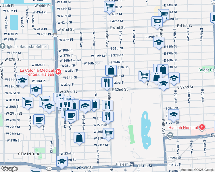map of restaurants, bars, coffee shops, grocery stores, and more near 22 West 32nd Street in Hialeah