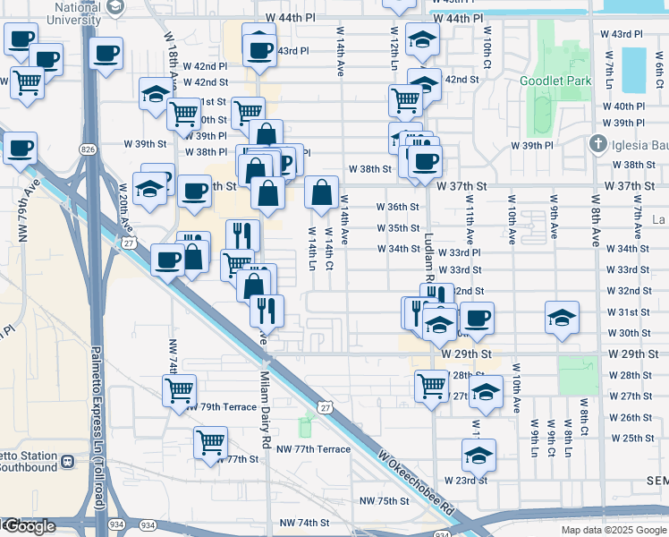 map of restaurants, bars, coffee shops, grocery stores, and more near 3224 West 14th Court in Hialeah