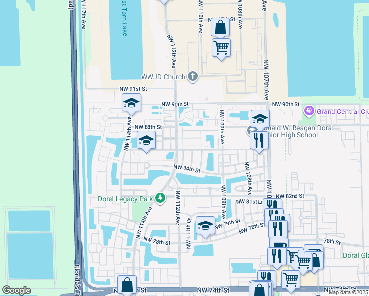 map of restaurants, bars, coffee shops, grocery stores, and more near 8526 Northwest 110th Place in Doral